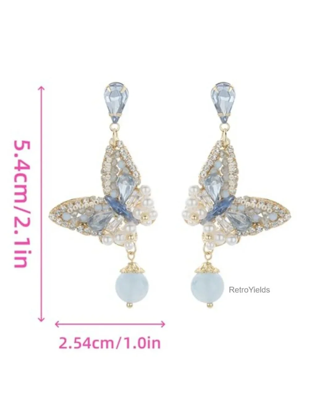 Dangle Flower Floral Blue Crystal Drop Earrings 14K Gold Plated Hypoallergenic